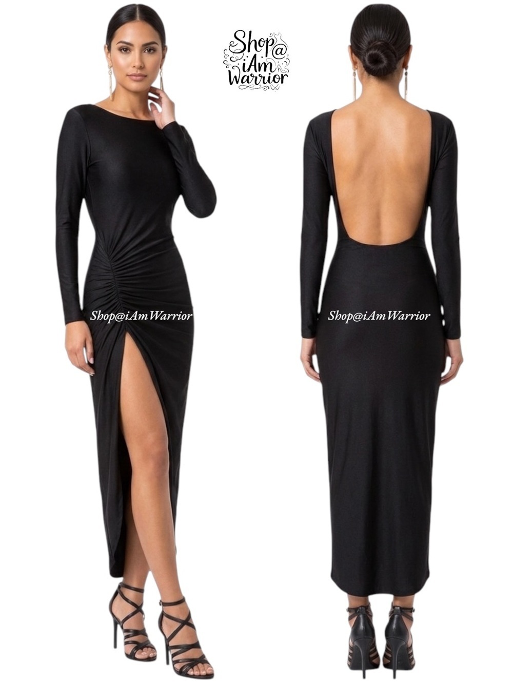 Superdown black bodycon long sleeve open back ruched dress *shop@iamwarrior